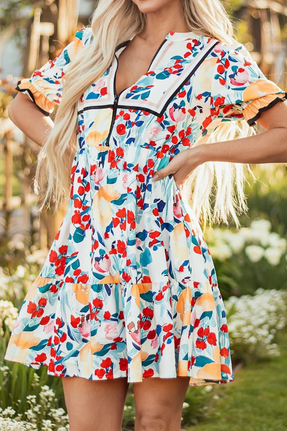 Floral Print Zipper Ruffled Short Sleeve High Waist Mini Dress