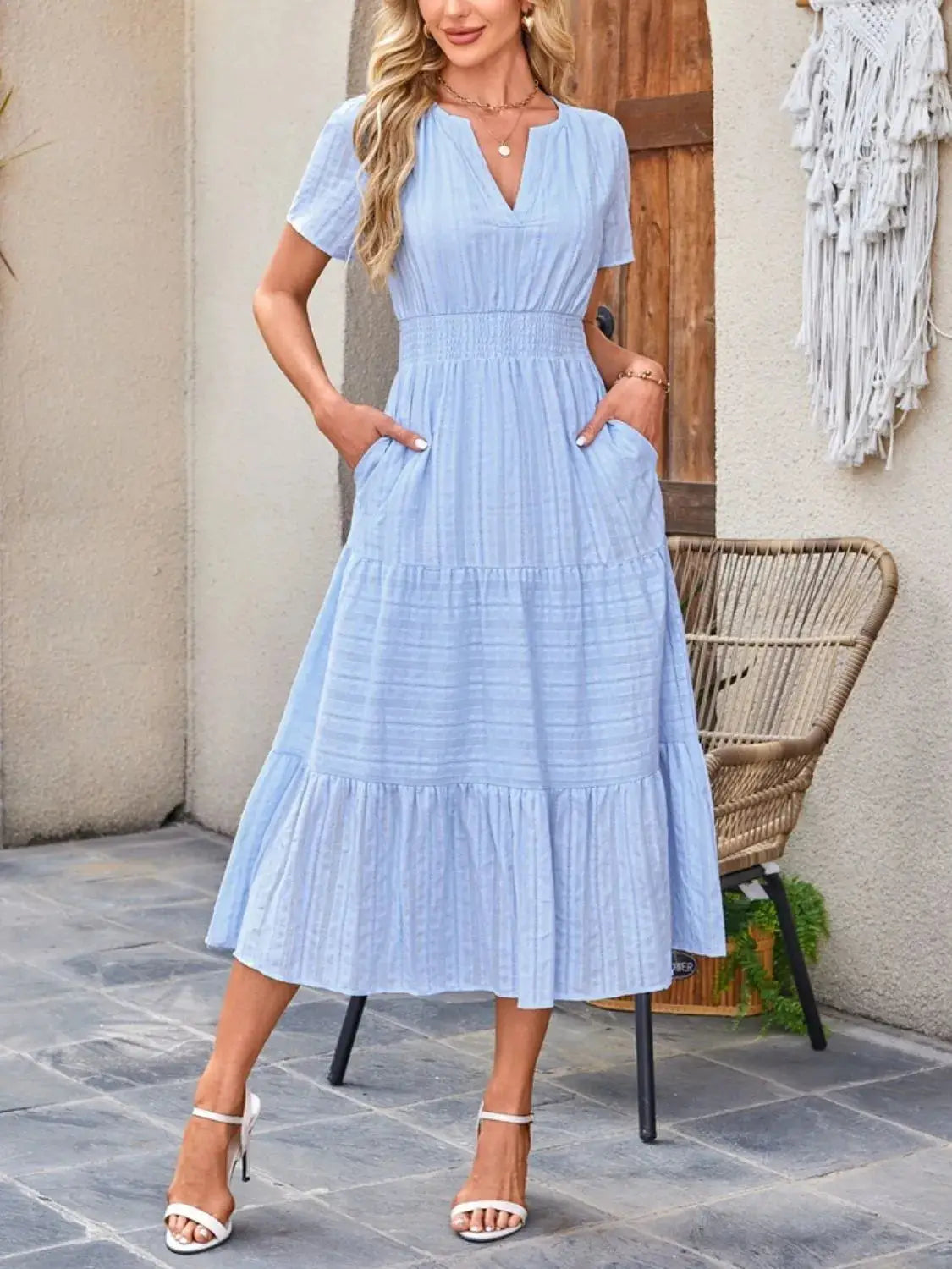 Tiered Notched Short Sleeve Dress - Clothes For Her Online Store