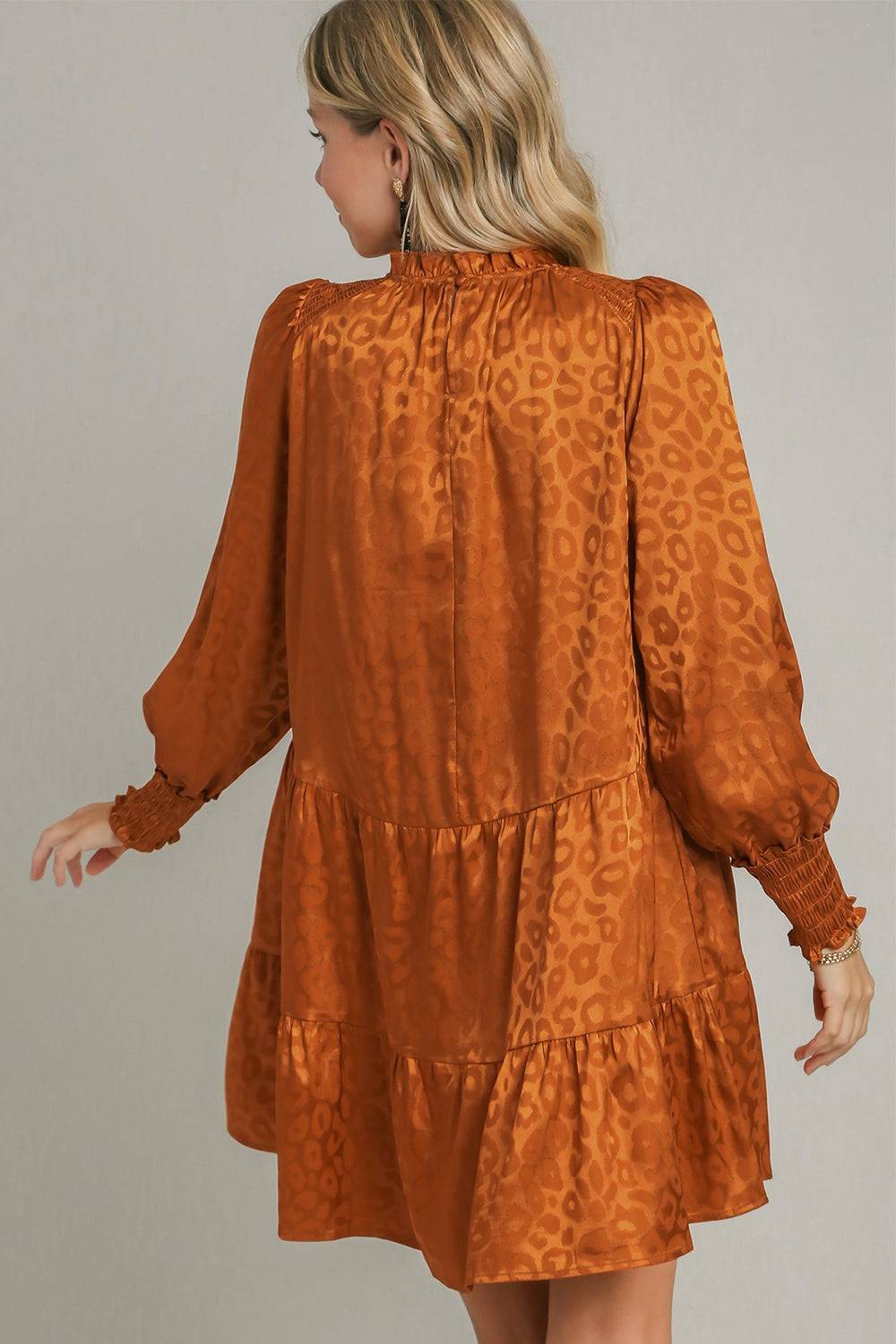 Umgee Smocked Leopard Long Sleeve Tiered Dress - Clothes For Her Online Store