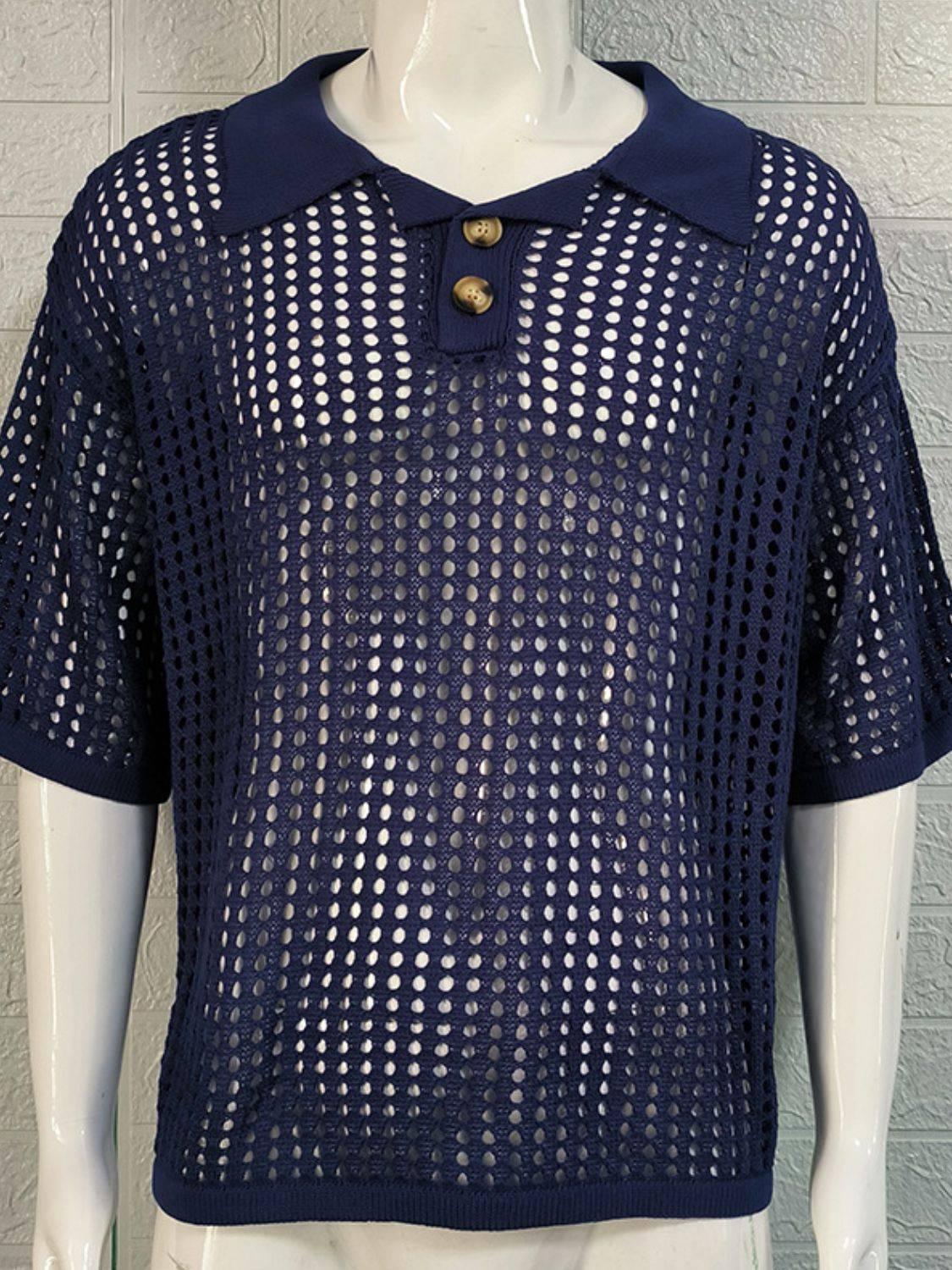 Men's Plus Size Openwork Collared Neck Quarter Button Knit Polo