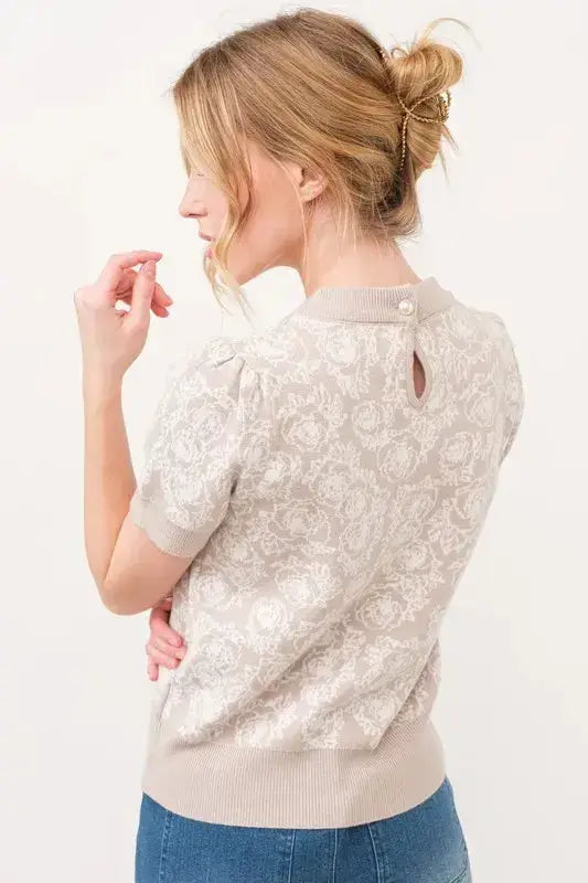 And The Why Short Sleeve Rose Pattern Knit Top - Clothes For Her Online Store