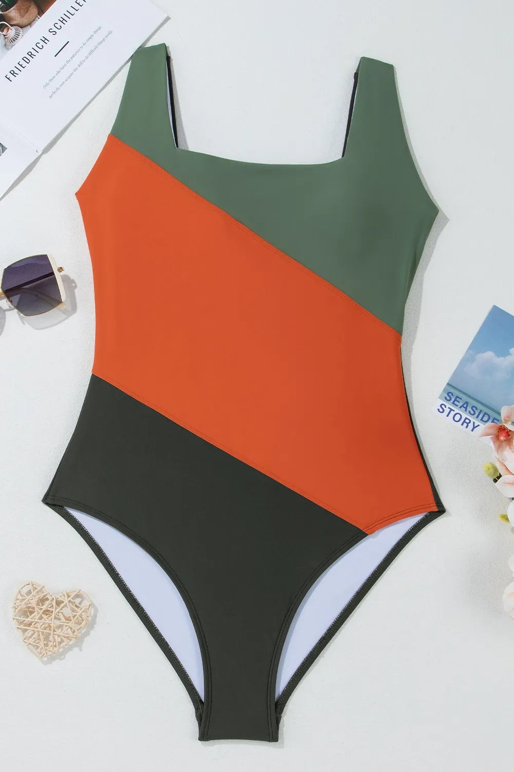 Color Block Padded Square Neck One Piece Swimsuit