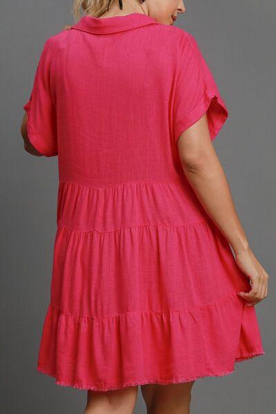 Umgee Full Size Raw Hem Folded Sleeve Tiered Dress Plus Size