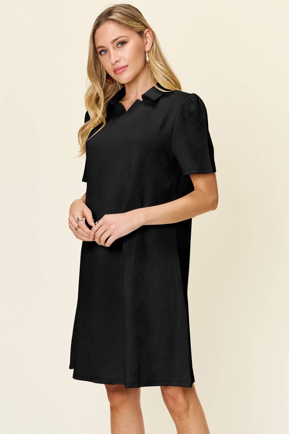 Double Take Full Size Texture Collared Neck Short Sleeve Dress - Clothes For Her Online Store