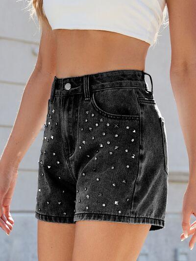 Rhinestone Washed High Waist Denim Shorts