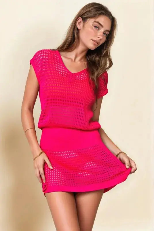 Davi & Dani Sleeveless V Neck Mesh Knit Cover Up Dress - Clothes For Her Online Store