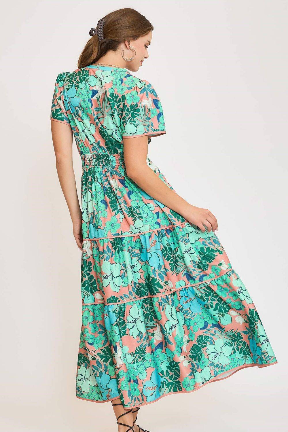 Umgee Full Size Printed Notched Short Sleeve Tiered Dress Plus Size - Clothes For Her Online Store