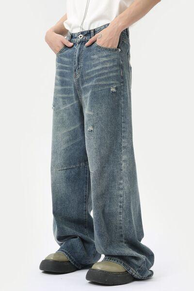 Distressed Wide Leg Men's Jeans with Pockets