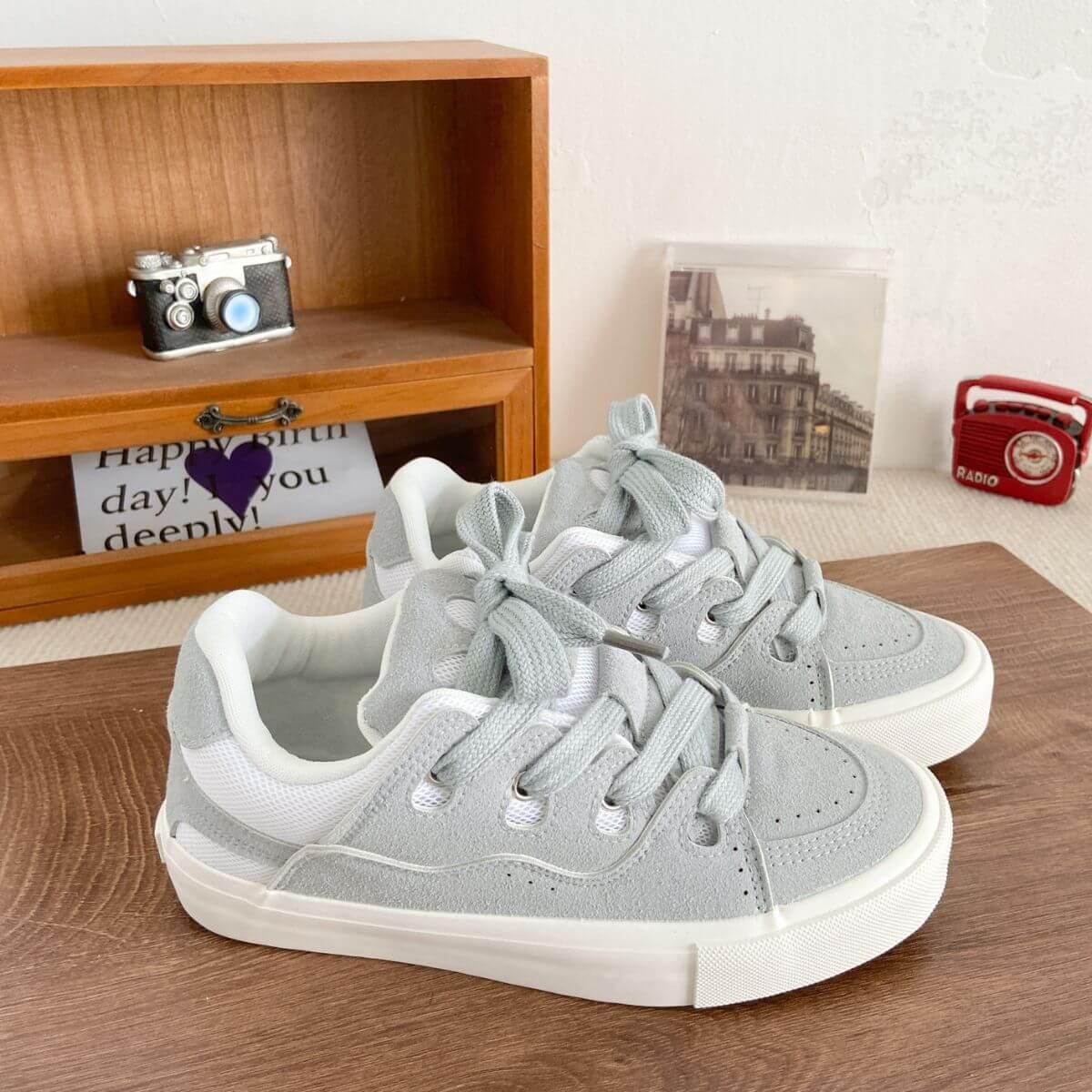 Contrast Lace Up Round Toe Flats Sneakers - Clothes For Her Online Store