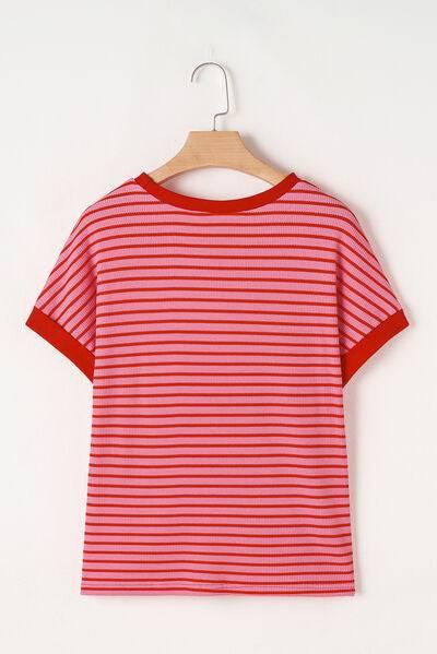 Contrast Striped Round Neck Short Sleeve T-Shirt