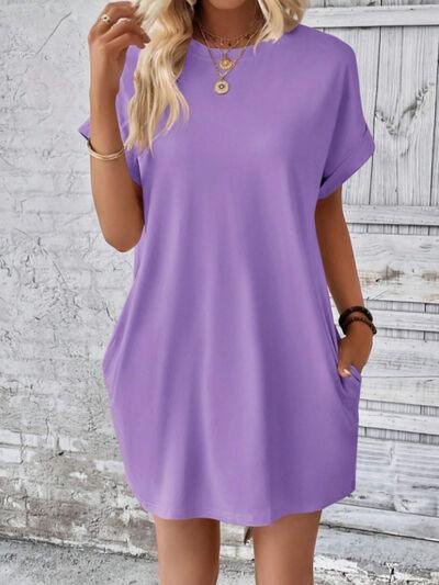Round Neck Short Sleeve Mini Tee Dress with Pockets - Clothes For Her Online Store