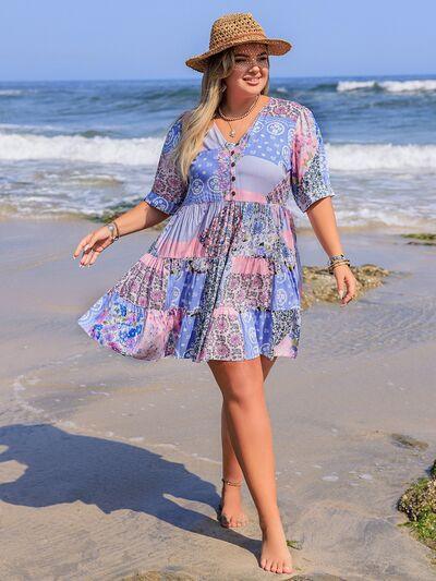 Plus Size Printed V-Neck Tiered Mini Dress - Clothes For Her Online Store