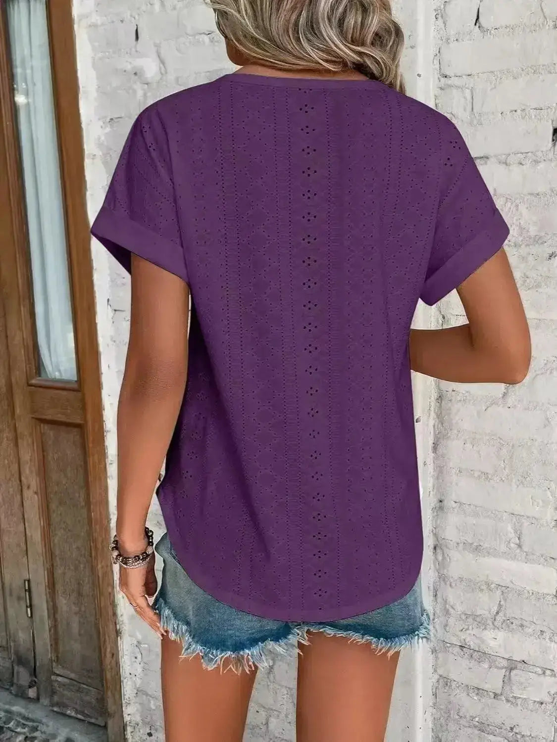 Eyelet Round Neck Short Sleeve T-Shirt - Clothes For Her Online Store
