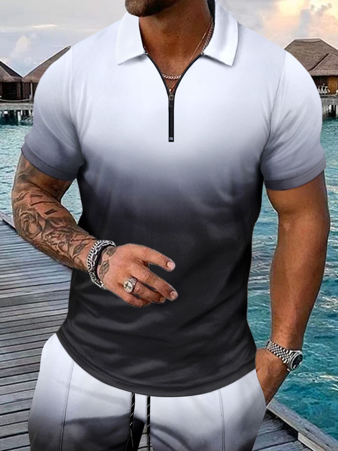 Men's Full Size Gradient Collared Neck Top and Shorts Set Plus Size - Clothes For Her Online Store
