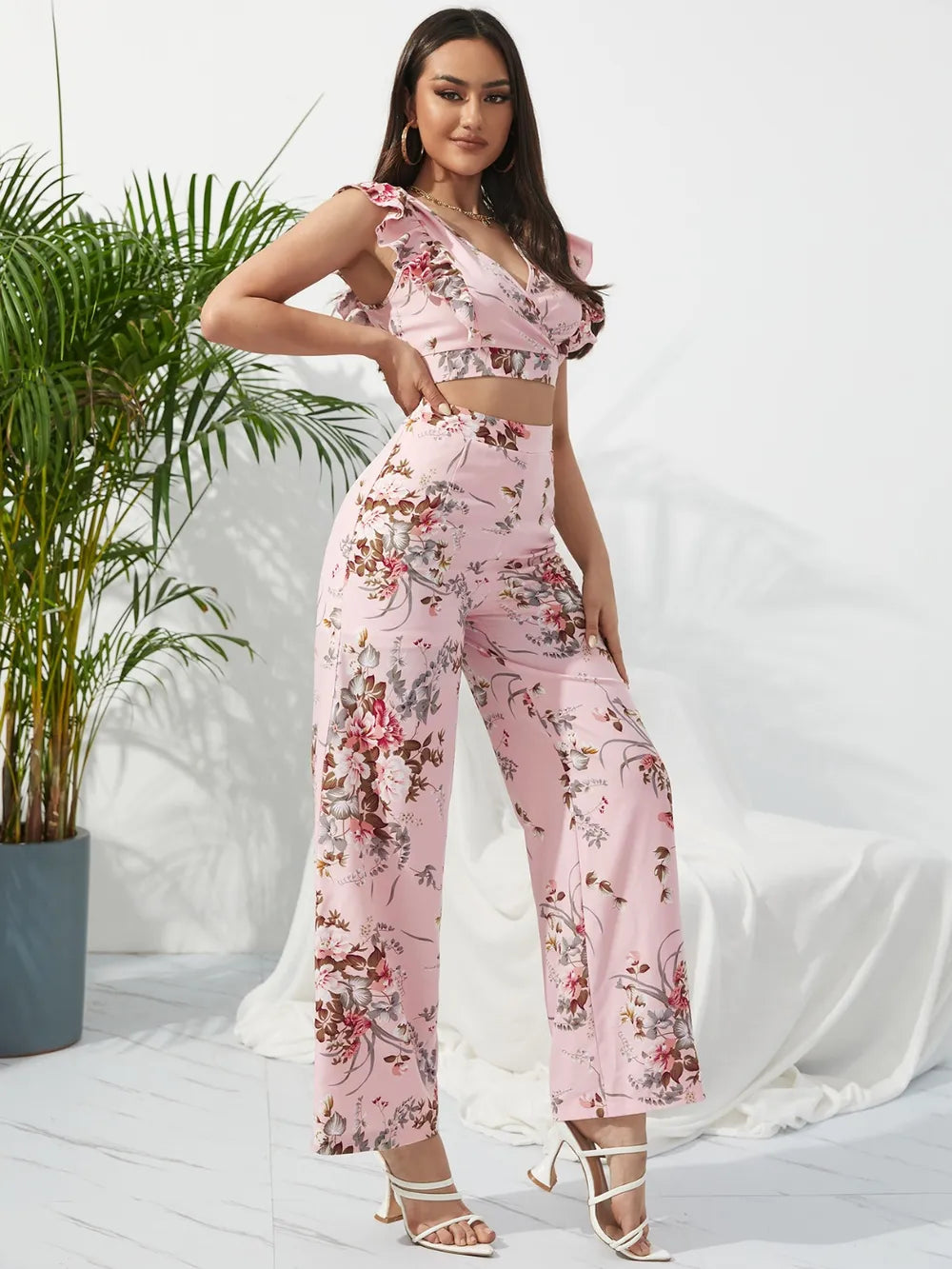 Honey Printed Surplice Cap Sleeve Top and Pants Set - Clothes For Her Online Store
