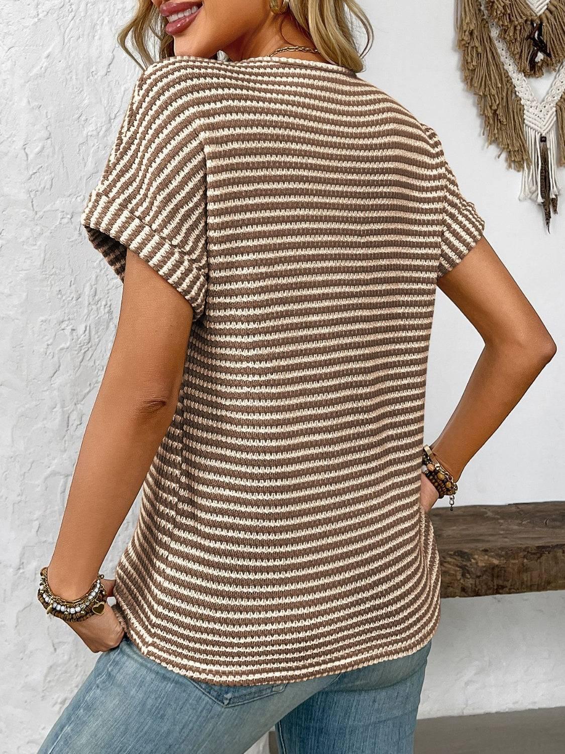 Striped Notched Short Sleeve T-Shirt - Clothes For Her Online Store