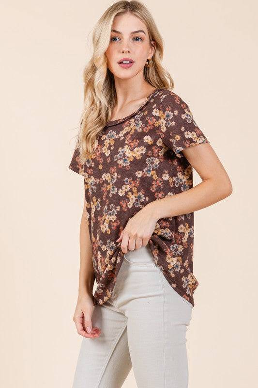 BOMBOM Lightweight Floral Round Neck Short Sleeve T-Shirt - Clothes For Her Online Store