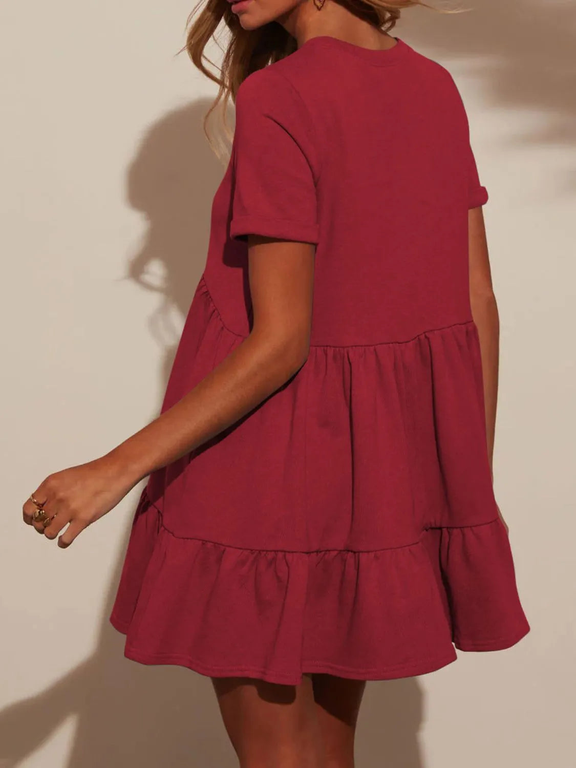 Tiered Round Neck Short Sleeve Mini Dress