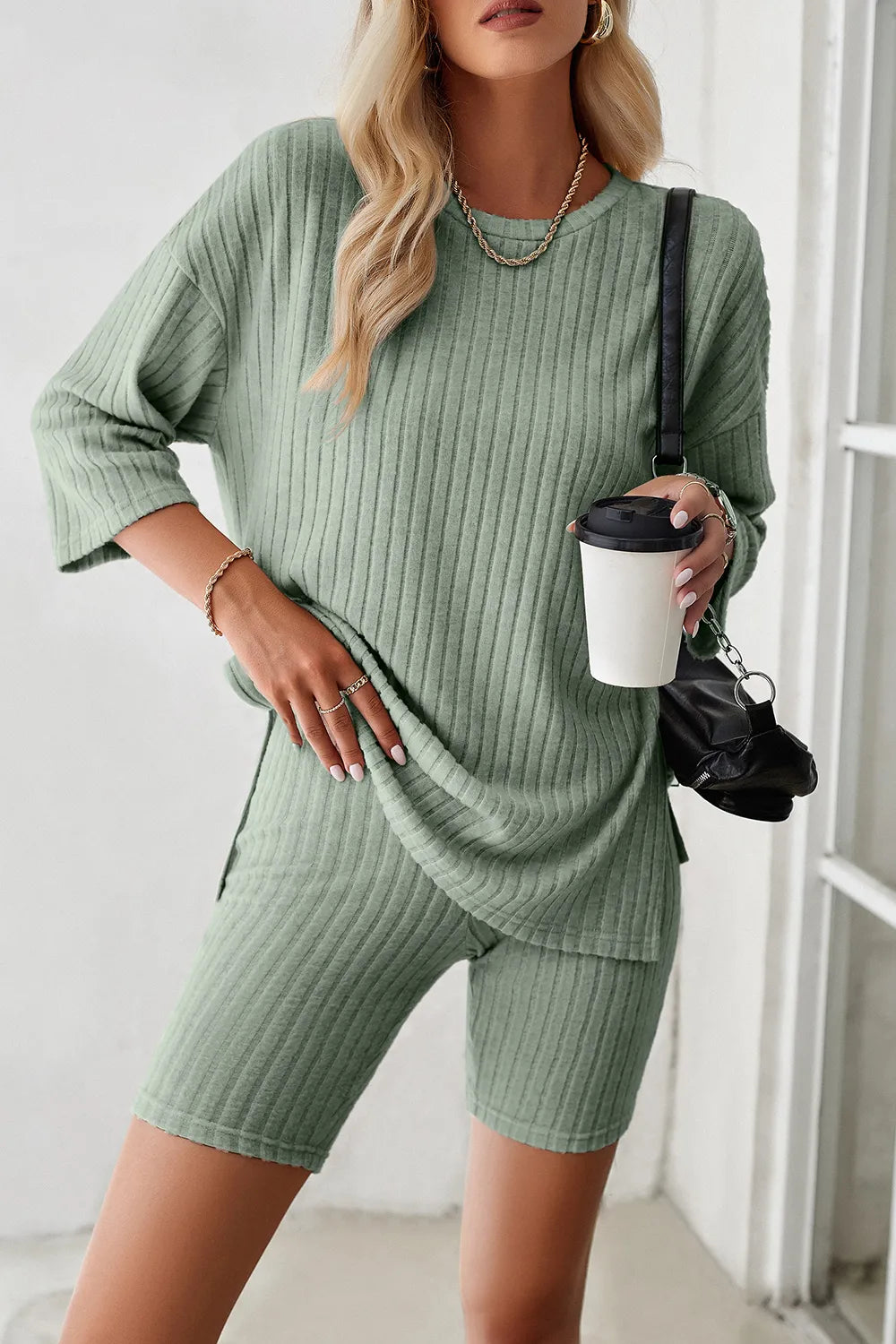 Devine Ribbed Round Neck Top and Shorts Set - Clothes For Her Online Store