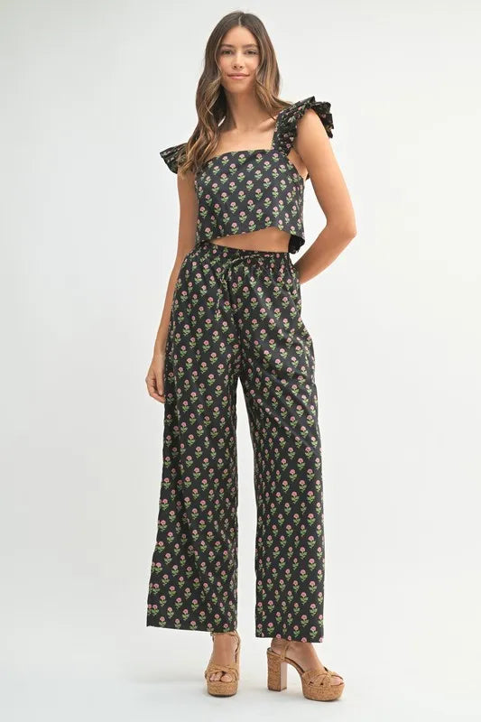 MABLE Floral Print Ruffle Top and Pants Set - Clothes For Her Online Store