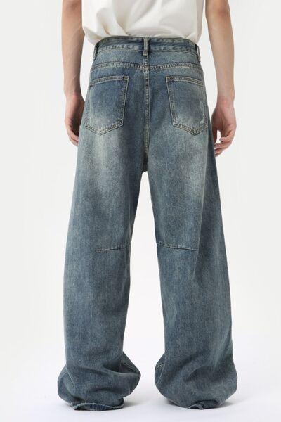 Distressed Wide Leg Men's Jeans with Pockets