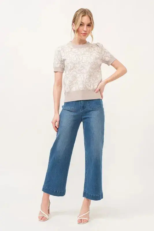 And The Why Short Sleeve Rose Pattern Knit Top - Clothes For Her Online Store