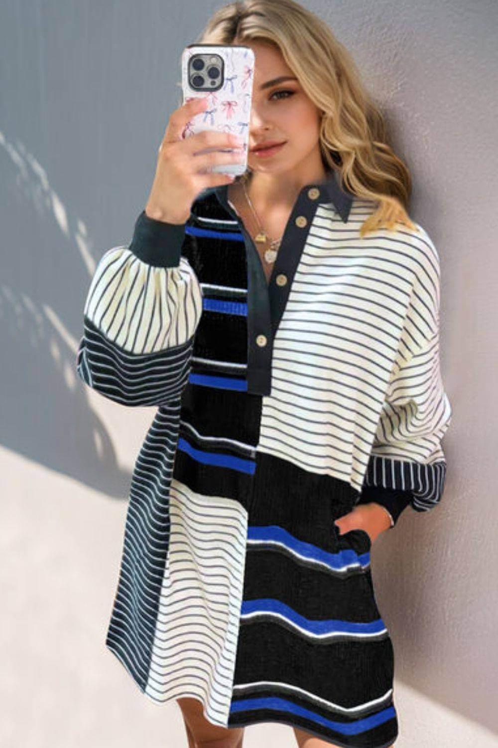 Oh Full Size Striped Half Button Long Sleeve Mini Dress - Clothes For Her Online Store
