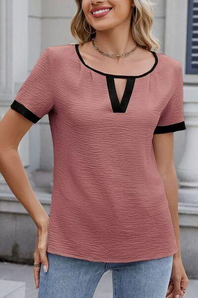 Cutout Round Neck Short Sleeve Top - Clothes For Her Online Store