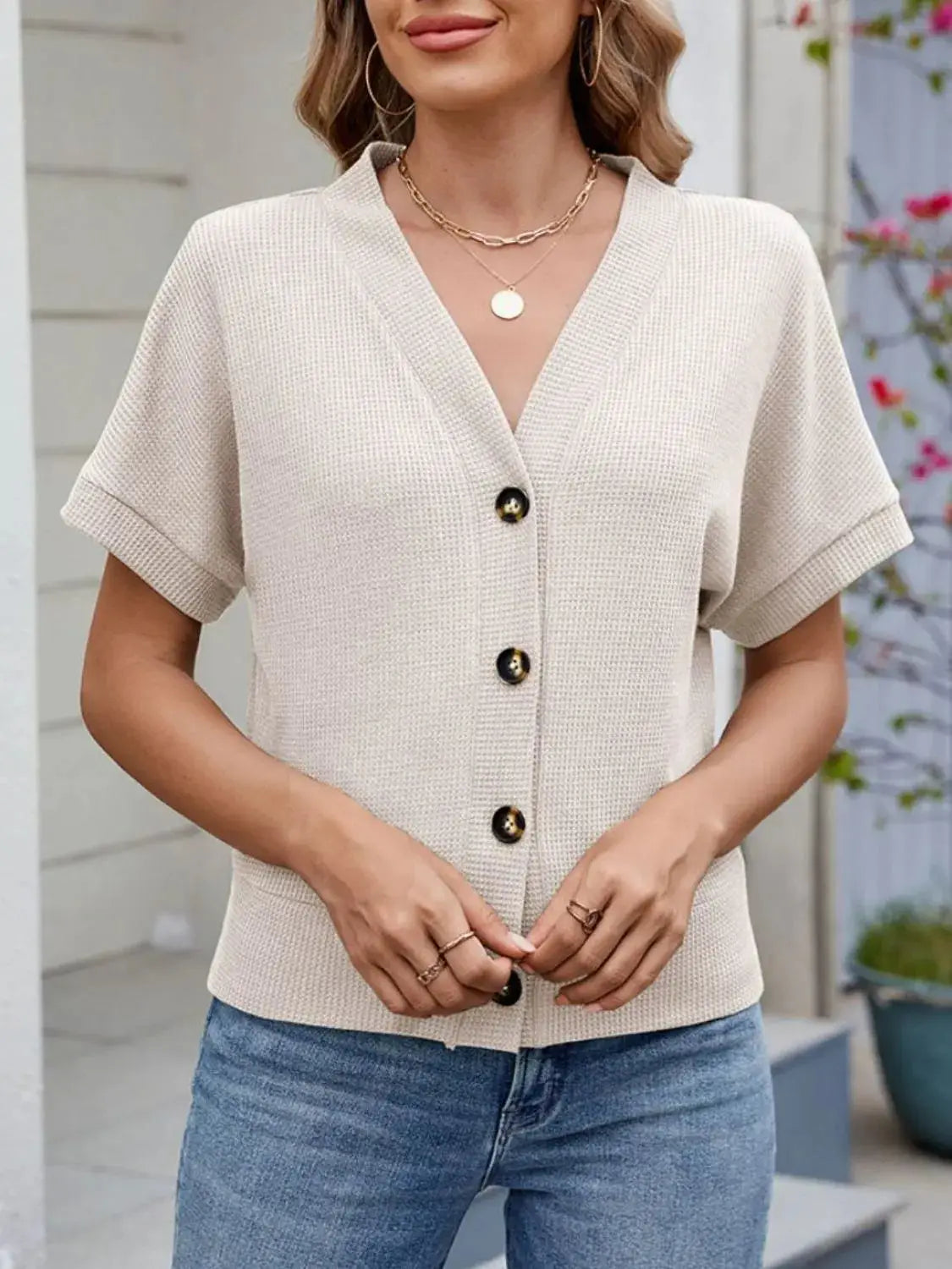 Waffle Knit Button Down Short Sleeve Top - Clothes For Her Online Store