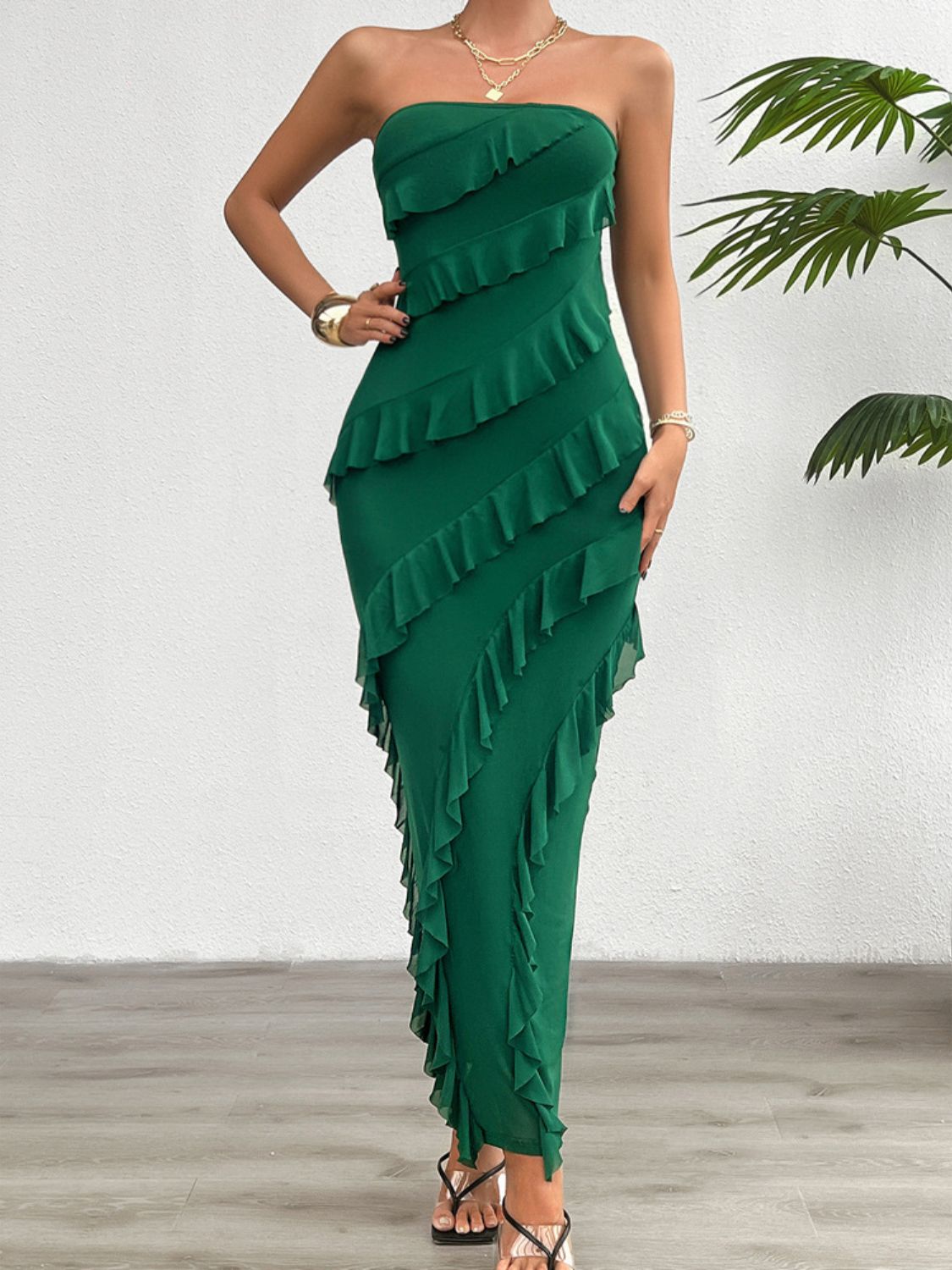 Devine Ruffled Slit Back Tube Maxi Dress