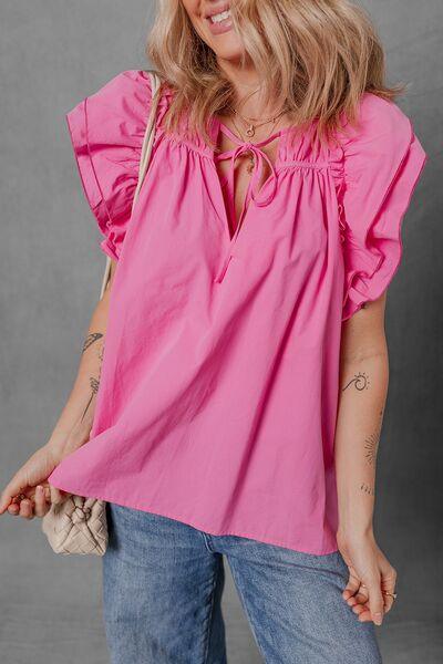 Shirred Tie Neck Ruffled Cap Sleeve Blouse