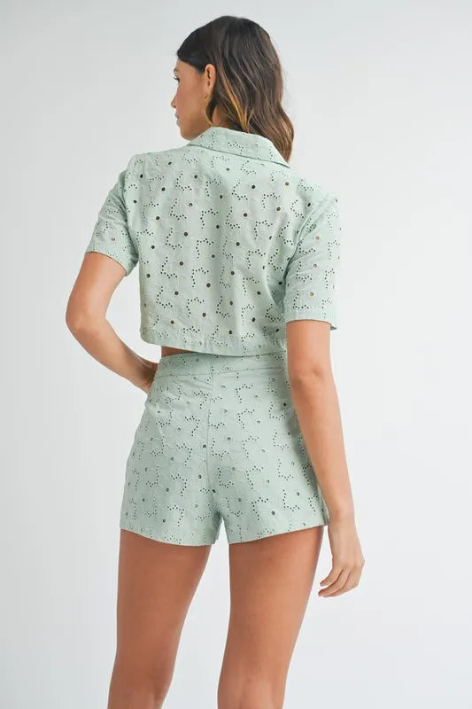 MABLE Eyelet Short Sleeve Crop Top and Shorts Set - Clothes For Her Online Store
