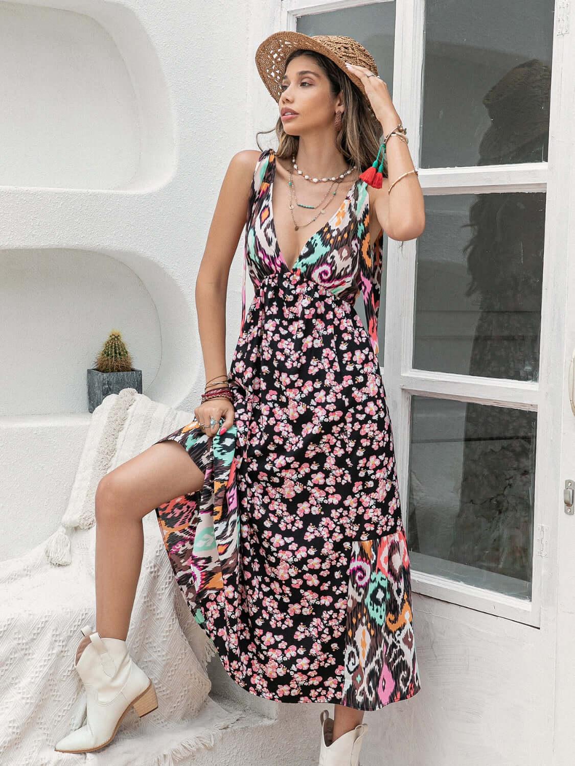 Printed Plunge Sleeveless Midi Dress