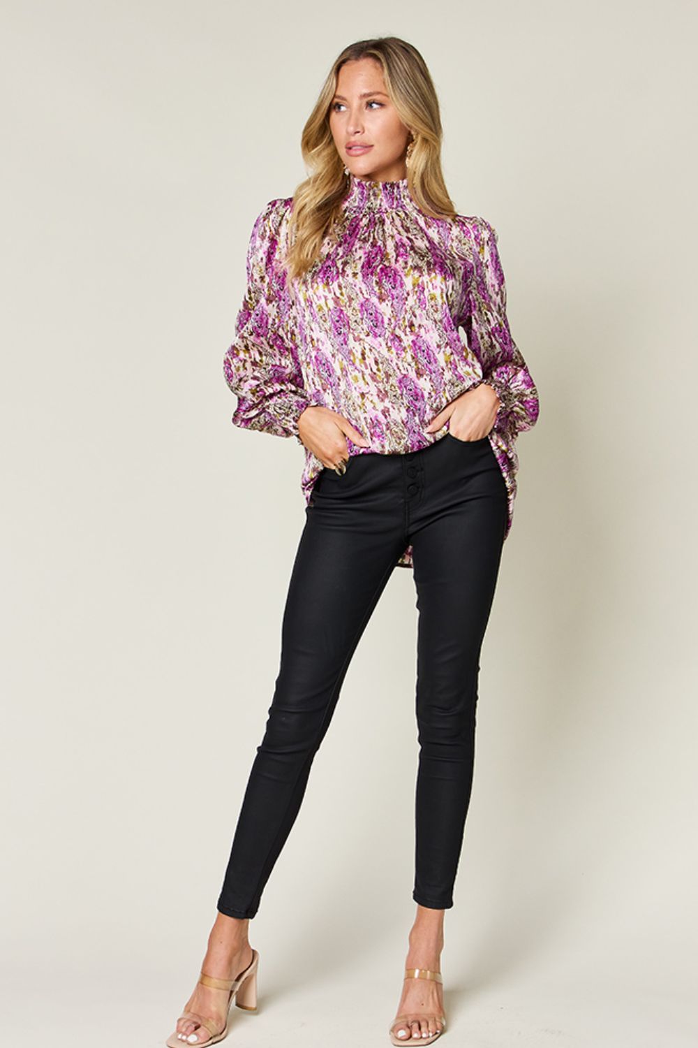 Double Take Full Size Printed Smocked Long Sleeve Blouse - Clothes For Her Online Store