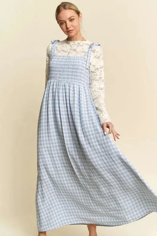 Davi & Dani Plaid Smocking Sleeveless Maxi Dress - Clothes For Her Online Store