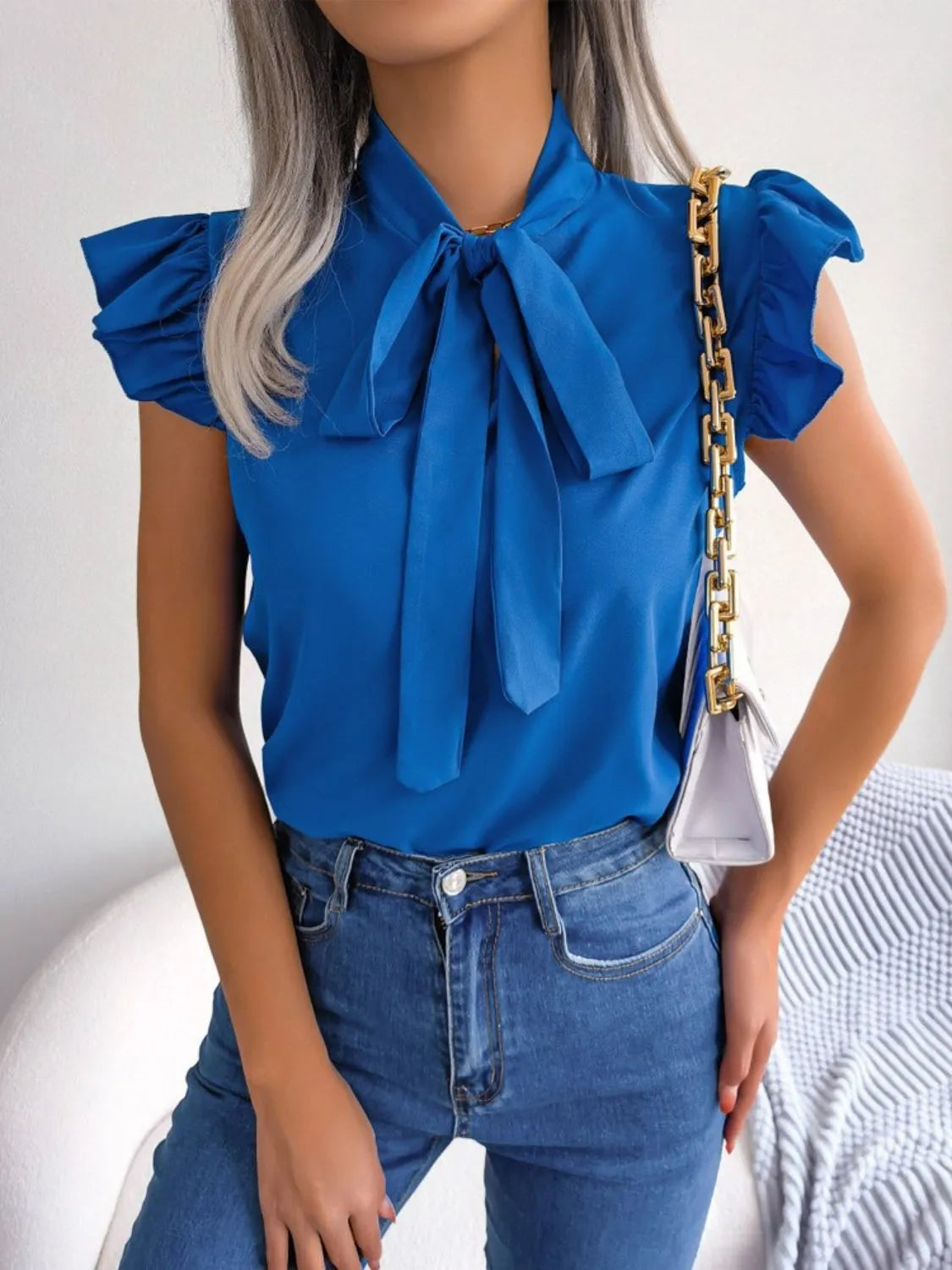 Ruffle Cap Sleeve Bow Tie Blouse