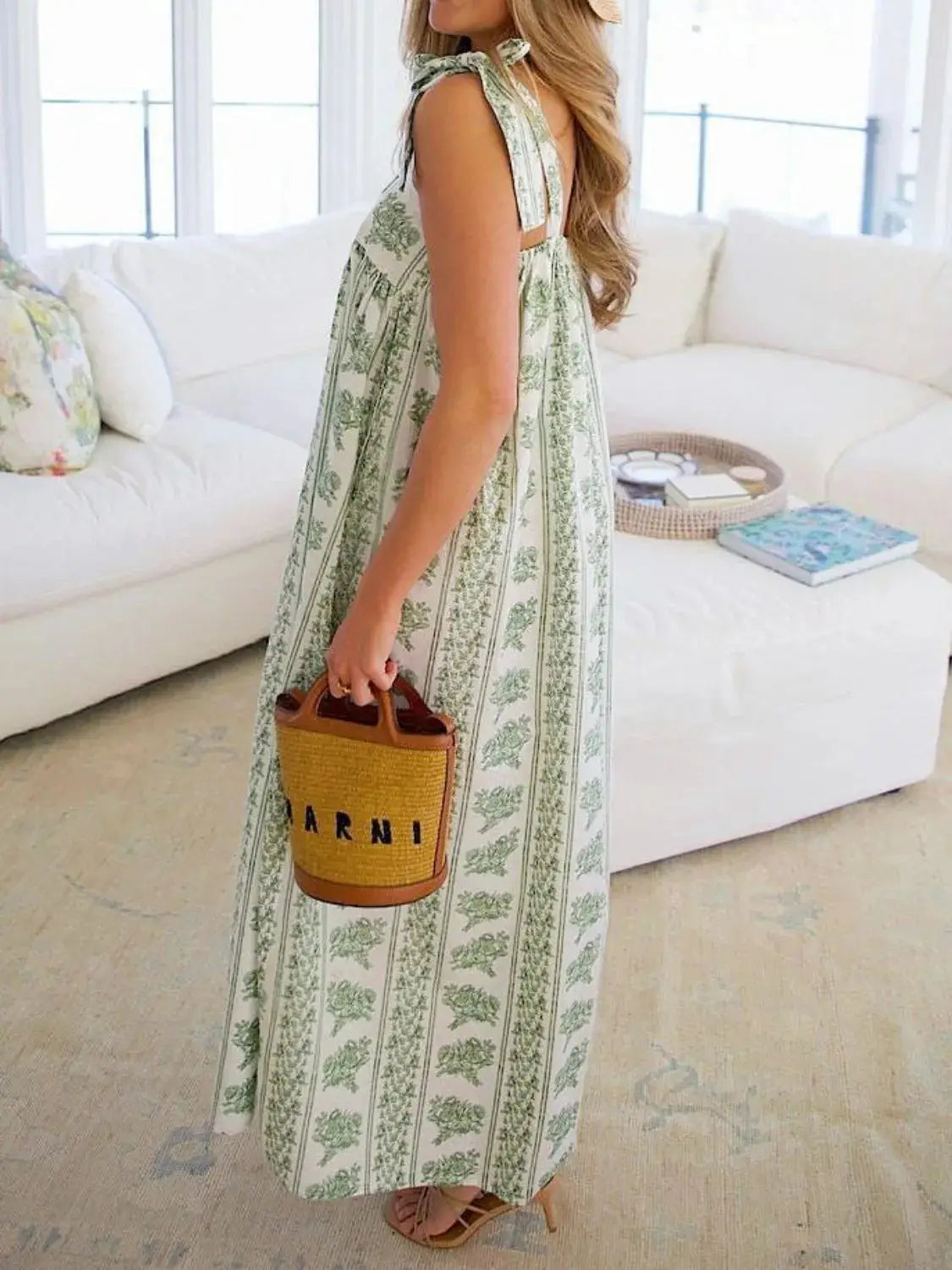 Printed Tie Shoulder Square Neck Midi Dress - Clothes For Her Online Store
