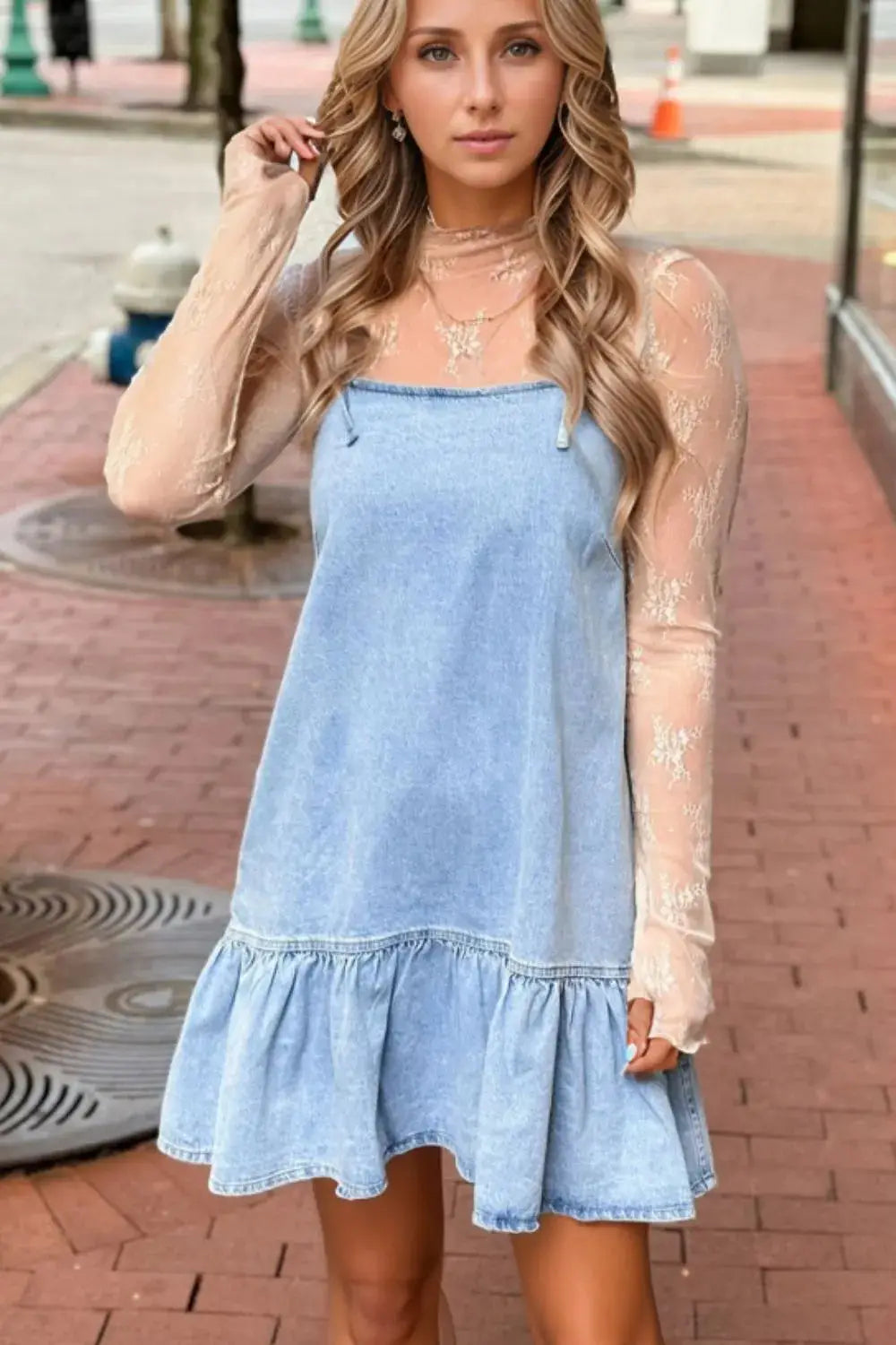 Bow Detail Spaghetti Straps Ruffle Hem Denim Dress - Clothes For Her Online Store