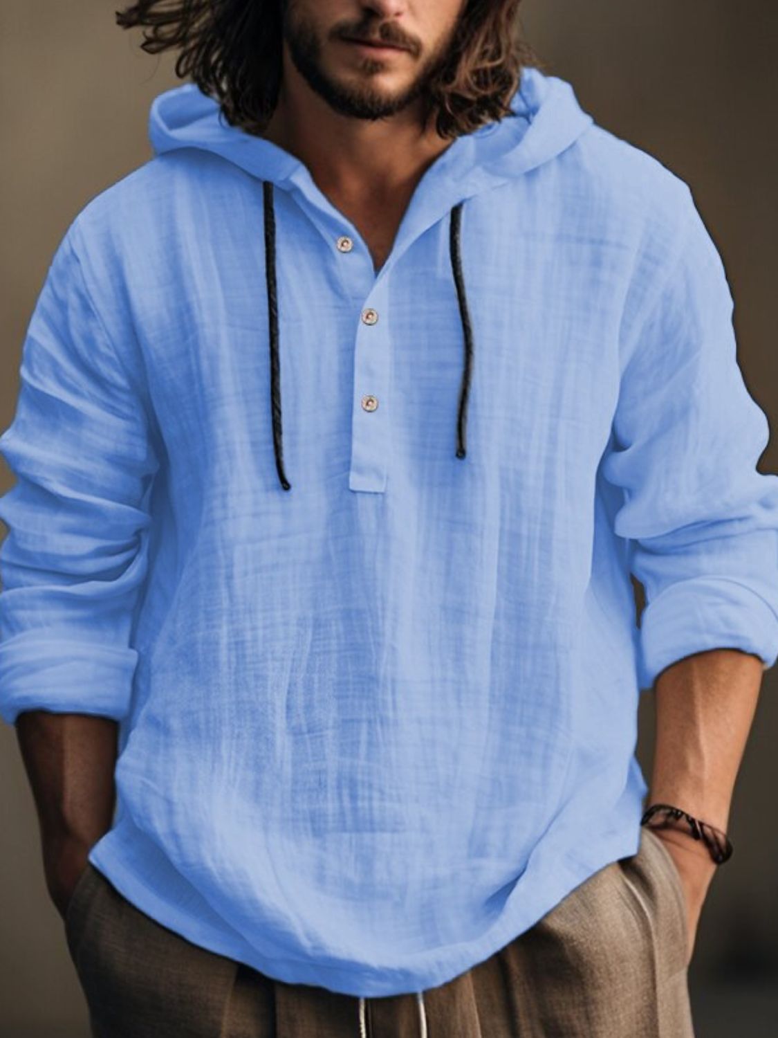 Men's Full Size Half Button Long Sleeve Hoodie - Clothes For Her Online Store