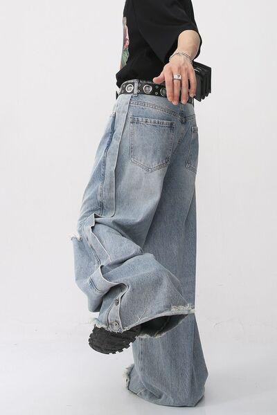 Distressed Raw Hem Wide Leg Men's Jeans