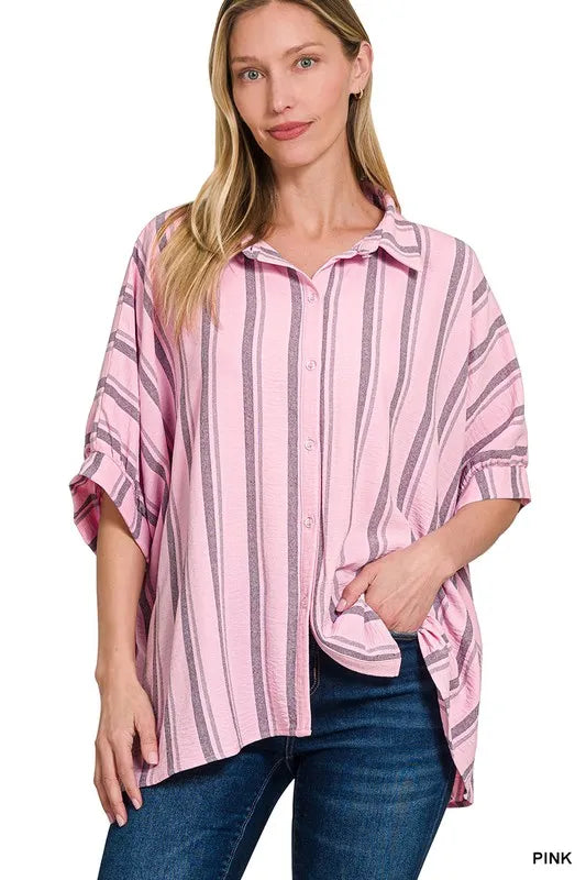 Zenana Woven Yarn-Dye Stripe Oversized Button Down Shirt