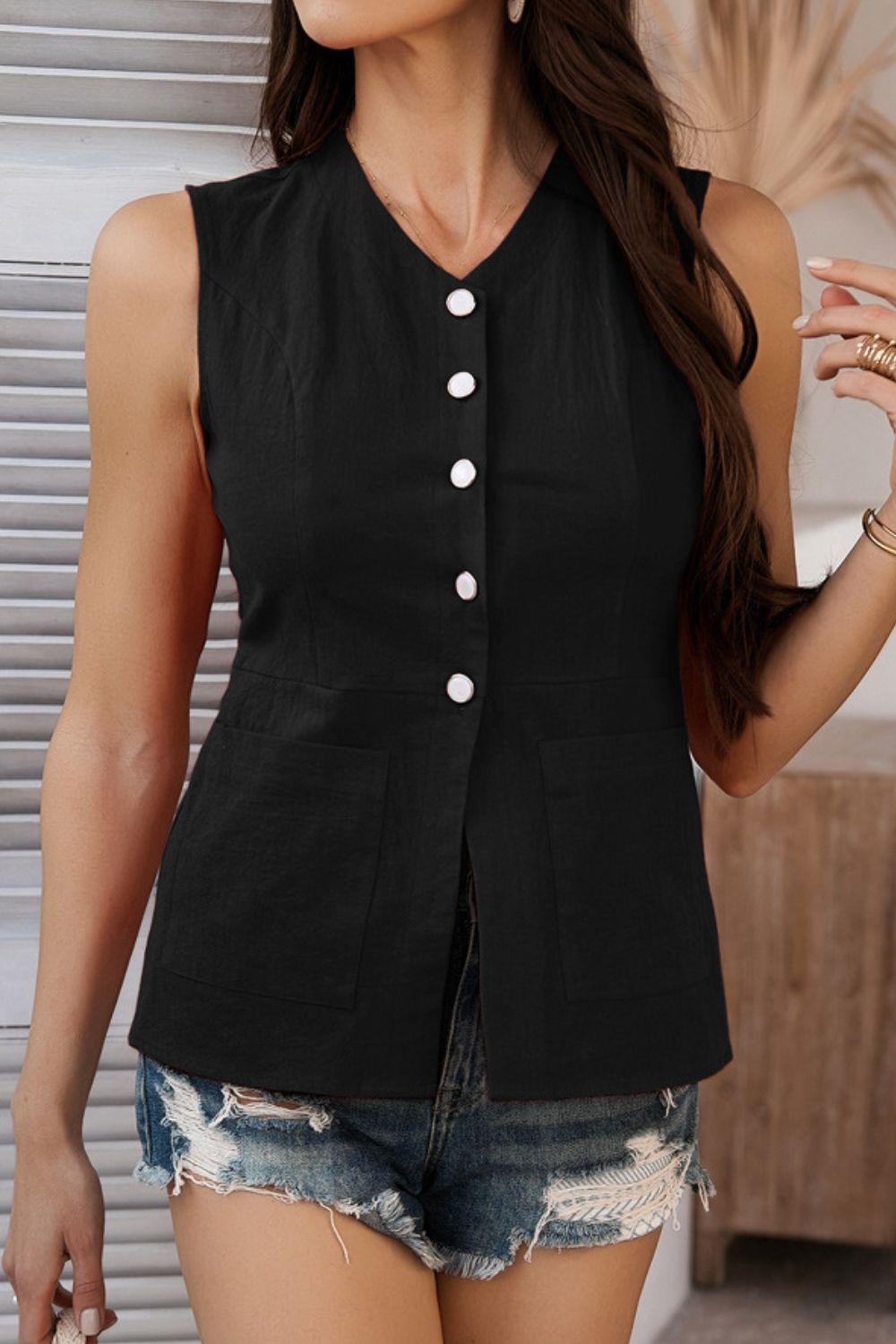 Devine Button Down V-Neck Sleeveless Top