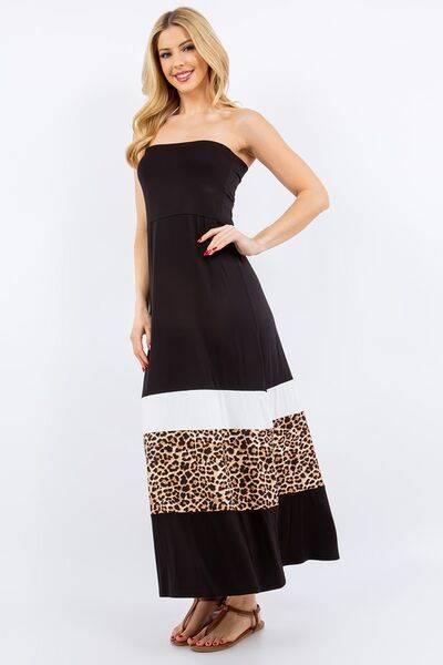Celeste Full Size Leopard Color Block Tube Maxi Dress Plus Size - Clothes For Her Online Store