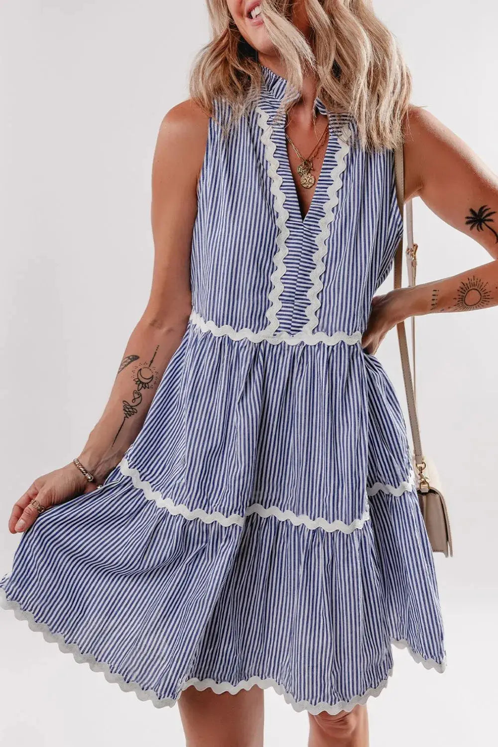 Stripe Sleeveless Notched Ric Rac Mini Dress - Clothes For Her Online Store