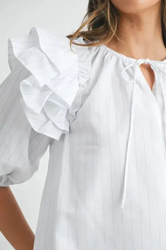 MABLE Stripe Ruffle Shoulder Puff Sleeve Blouse - Clothes For Her Online Store