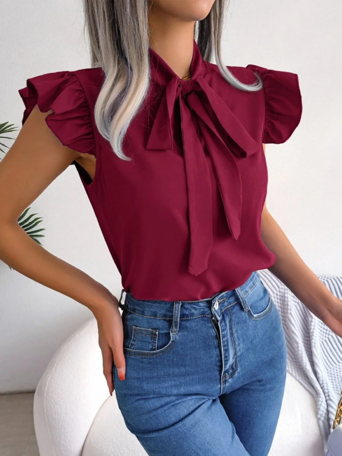 Ruffle Cap Sleeve Bow Tie Blouse