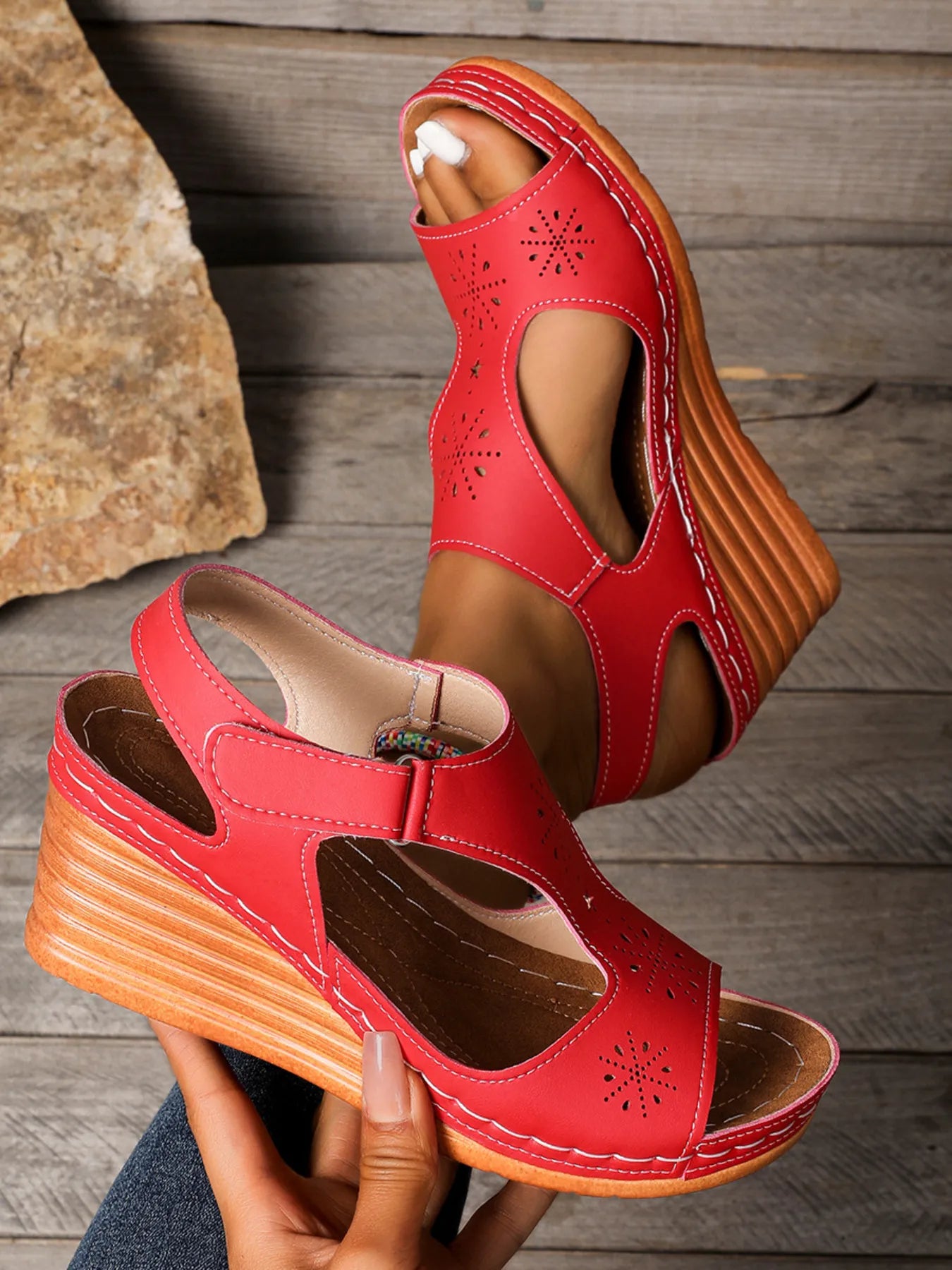 Perforated Wedge Sandals with Ankle Strap