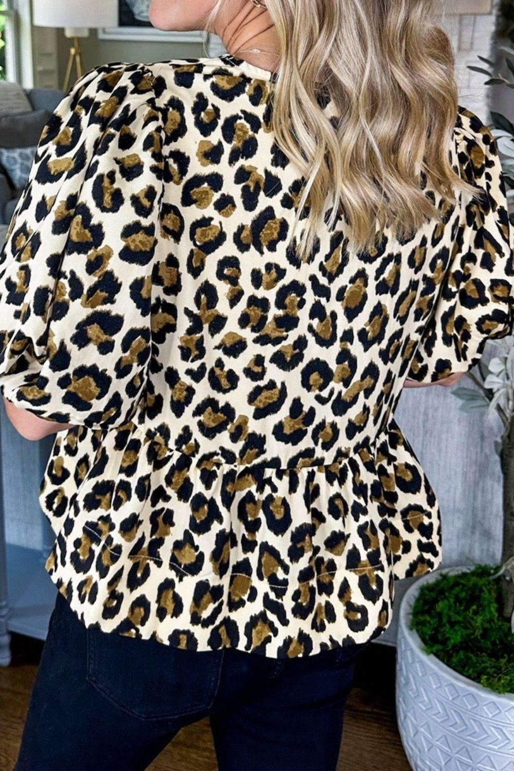 Leopard Bow Tie Front Puff Sleeve Peplum Blouse - Clothes For Her Online Store