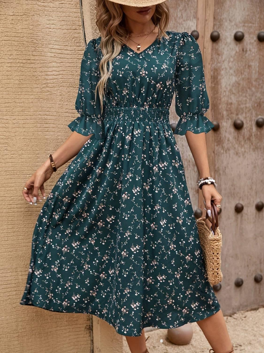 Smocked Waist Floral Flounce Sleeve Midi Dress