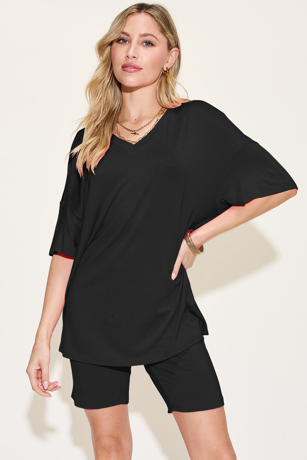 Basic Bae Bamboo Full Size V-Neck Drop Shoulder T-Shirt and Shorts Set - Clothes For Her Online Store